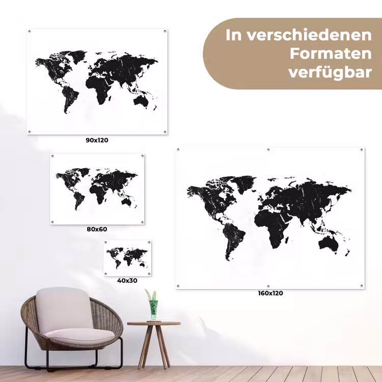Wereldkaart - Verf - Zwart - Wit tuinposter los doek klein -Xsfeer9_DE