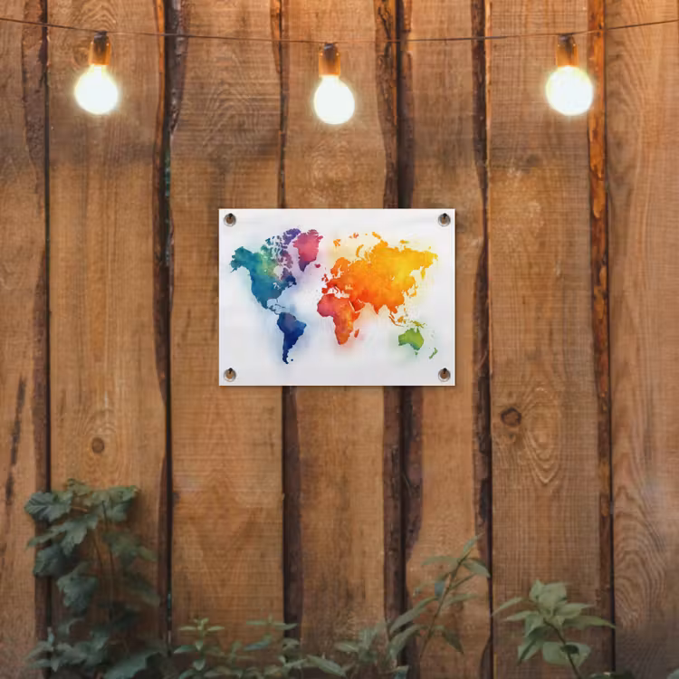 Wereldkaart - Kleurrijk - Waterverf tuinposter los doek klein -sfeer1