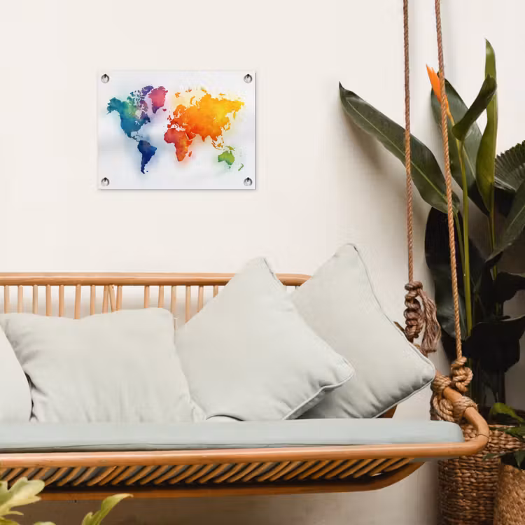 Wereldkaart - Kleurrijk - Waterverf tuinposter los doek klein -sfeer7