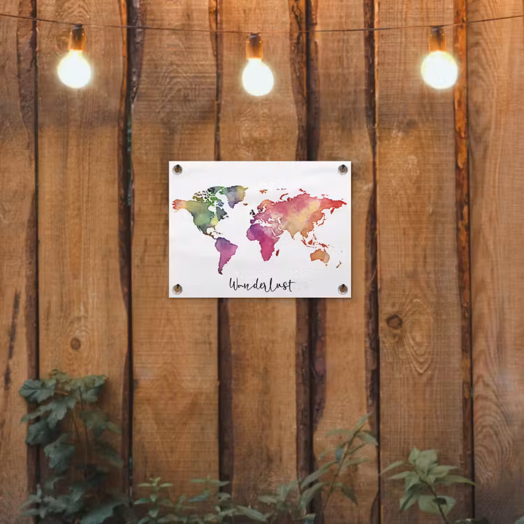 Wereldkaart - Wanderlust - Paars tuinposter los doek klein -sfeer1