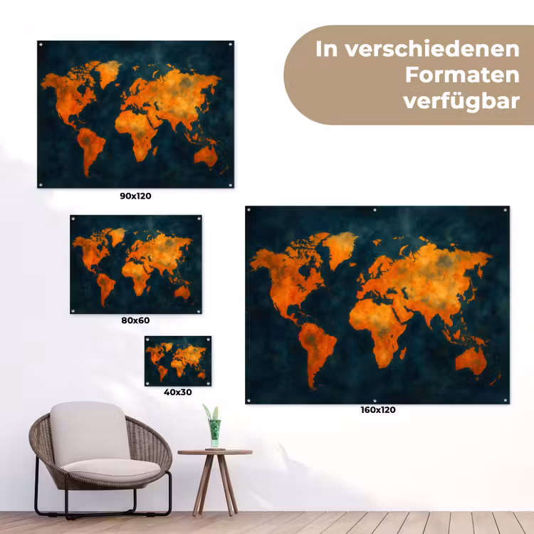 Wereldkaart - Vurige kleuren - Expressieve stijl tuinposter los doek klein -Xsfeer9_DE