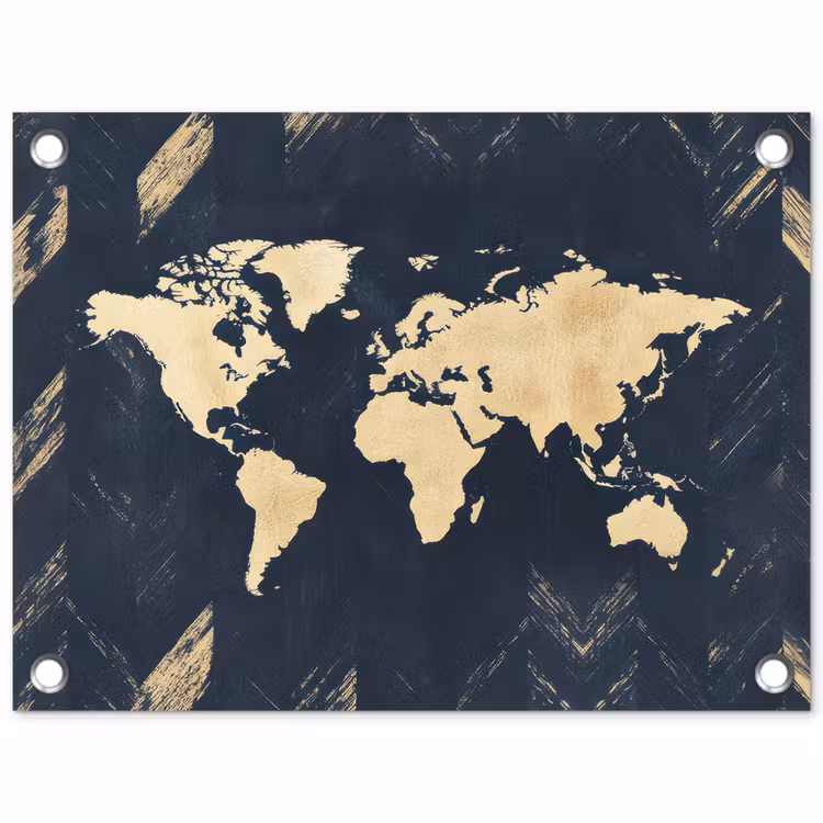 Wereldkaart - Visgraatpatroon - Vintage - Blauw tuinposter los doek klein -3d