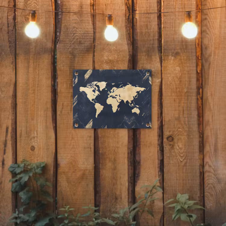 Wereldkaart - Visgraatpatroon - Vintage - Blauw tuinposter los doek klein -sfeer1