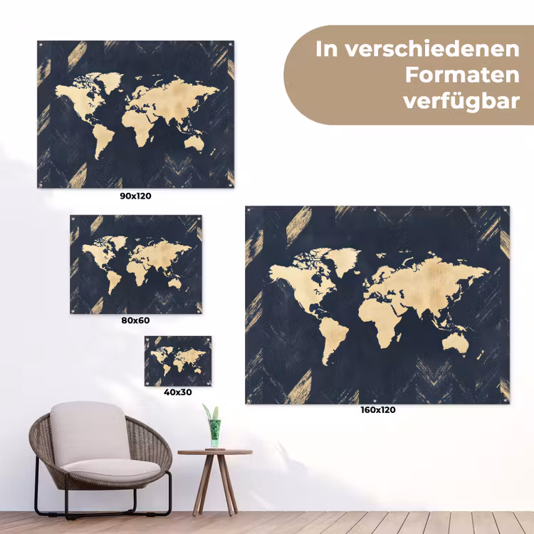Wereldkaart - Visgraatpatroon - Vintage - Blauw tuinposter los doek klein -Xsfeer9_DE