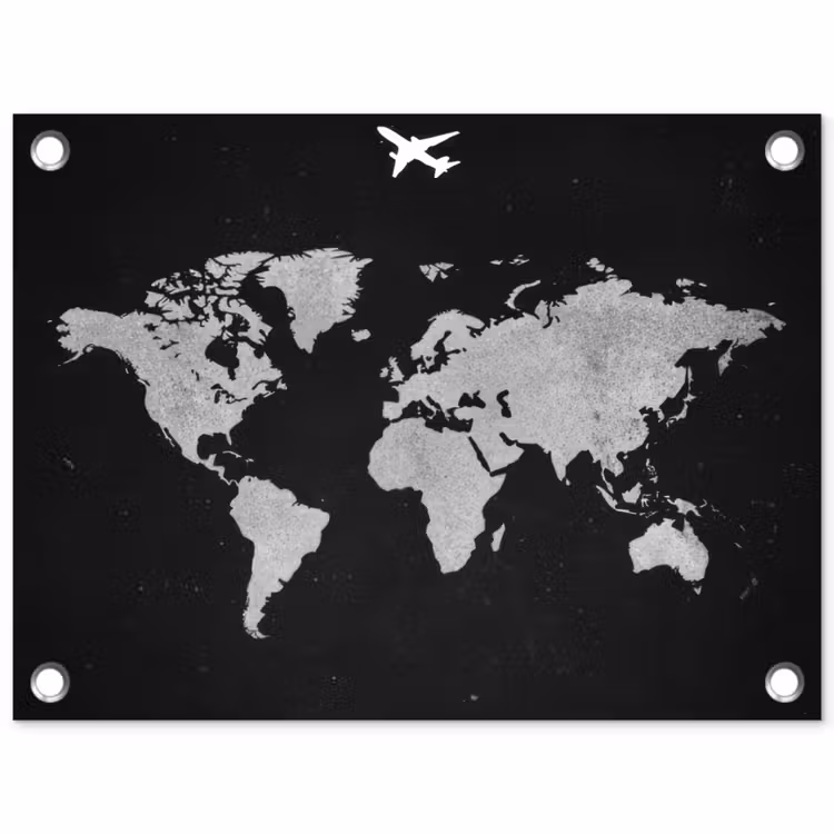 Wereldkaart - Vliegtuig - Zwart tuinposter los doek klein -3d
