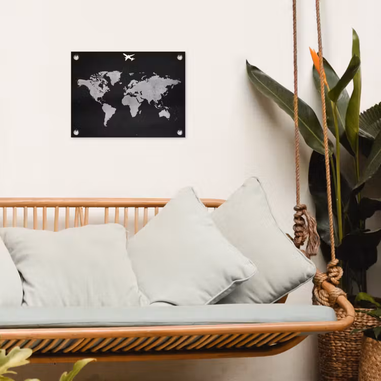 Wereldkaart - Vliegtuig - Zwart tuinposter los doek klein -sfeer7
