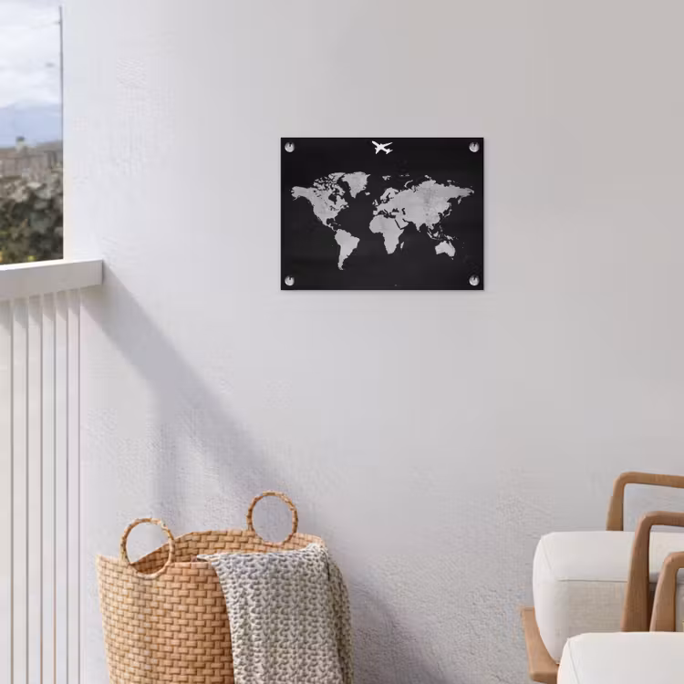 Wereldkaart - Vliegtuig - Zwart tuinposter los doek klein -sfeer8
