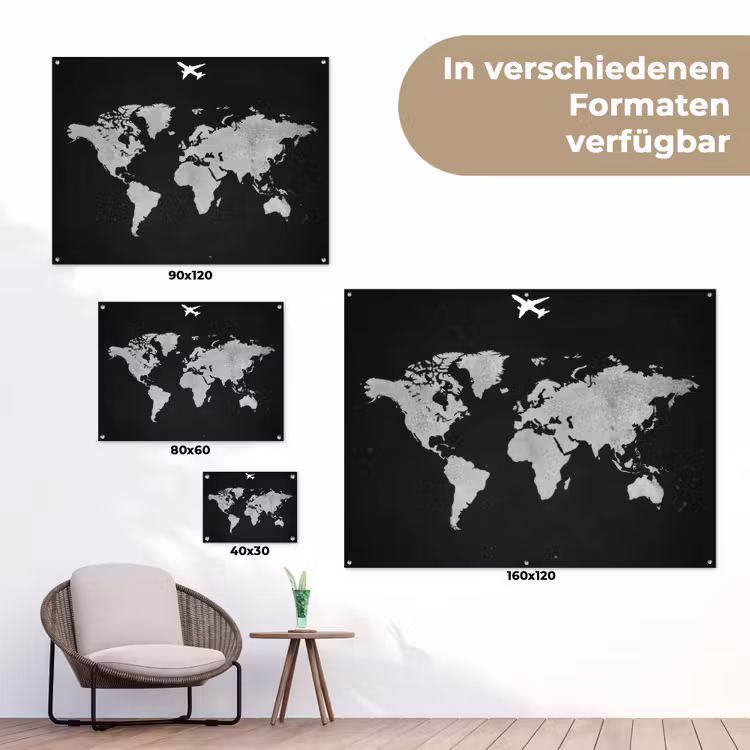 Wereldkaart - Vliegtuig - Zwart tuinposter los doek klein -Xsfeer9_DE