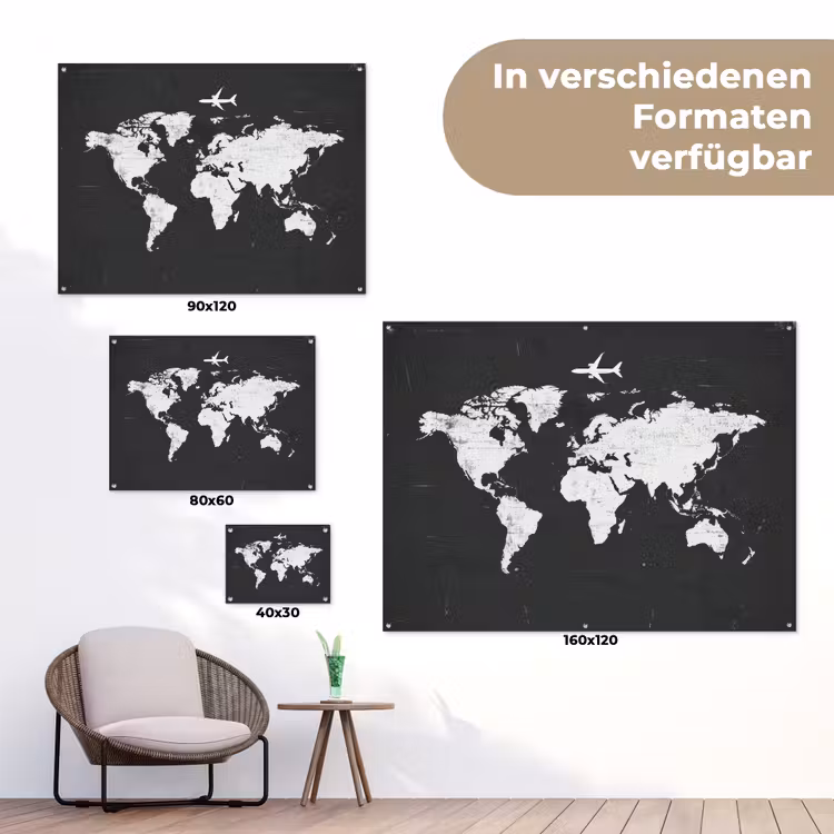 Wereldkaart - Vliegtuig - Zwart - Vintage tuinposter los doek klein -Xsfeer9_DE