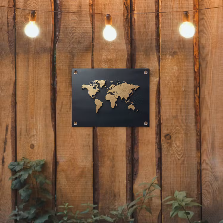 Wereldkaart - Geografische kenmerken - Zwart tuinposter los doek klein -sfeer1