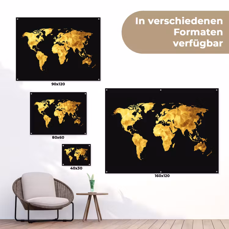 Wereldkaart - Geometrische polygonen - Dynamisch - Zwart tuinposter los doek klein -Xsfeer9_DE