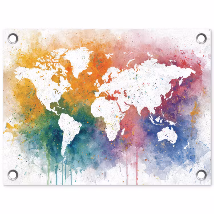 Wereldkaart - Omlijst - Verfspatten - Regenboogkleuren tuinposter los doek klein -3d