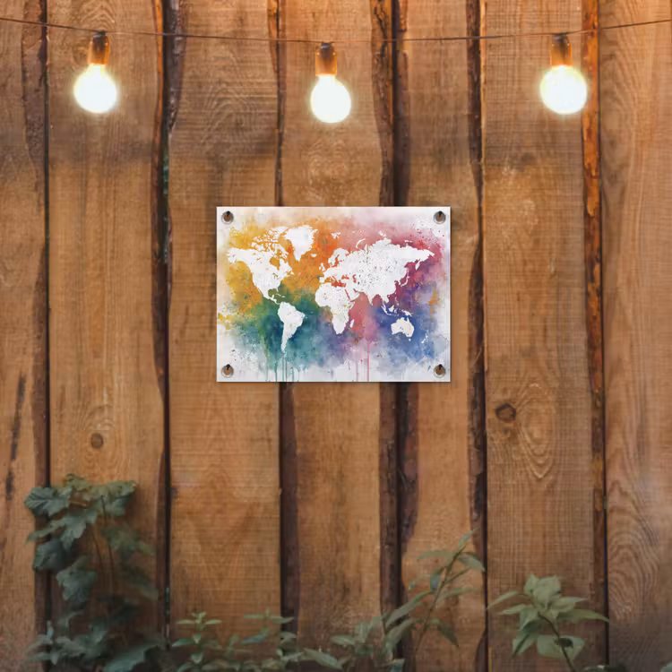 Wereldkaart - Omlijst - Verfspatten - Regenboogkleuren tuinposter los doek klein -sfeer1