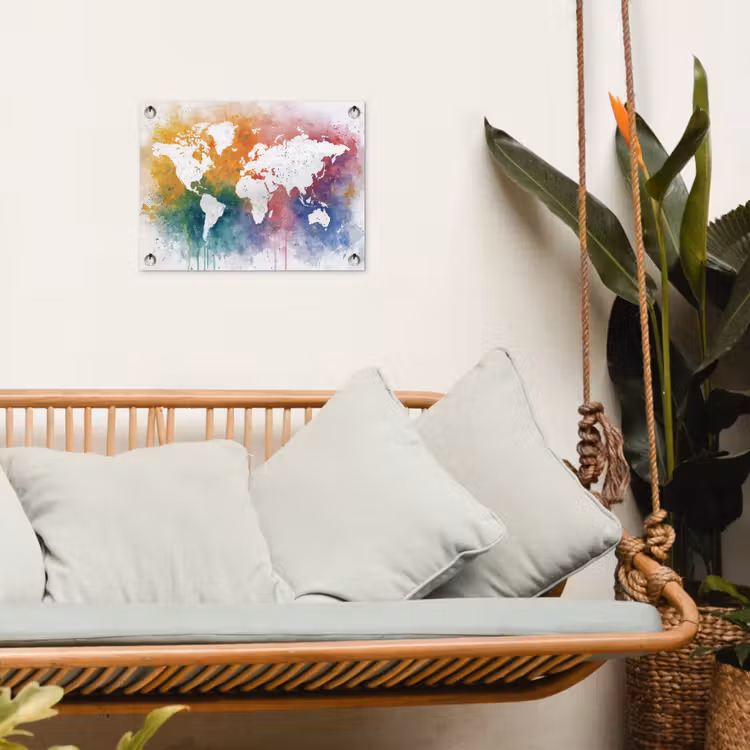 Wereldkaart - Omlijst - Verfspatten - Regenboogkleuren tuinposter los doek klein -sfeer7
