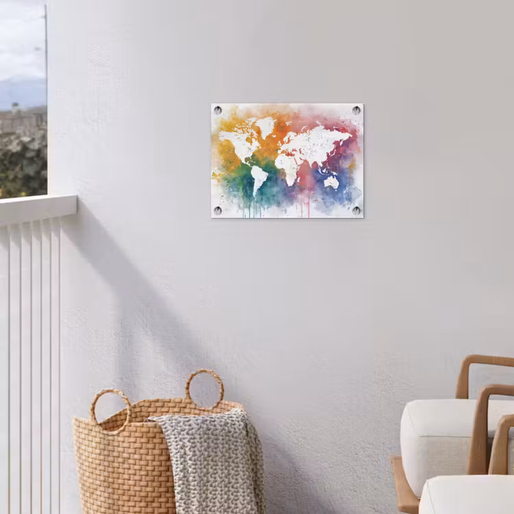 Wereldkaart - Omlijst - Verfspatten - Regenboogkleuren tuinposter los doek klein -sfeer8