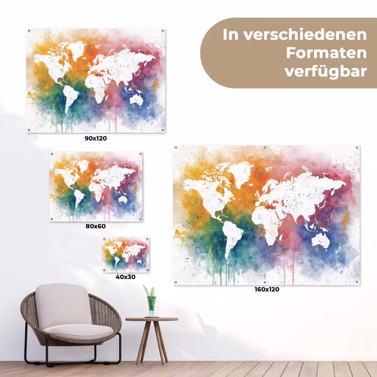 Wereldkaart - Omlijst - Verfspatten - Regenboogkleuren tuinposter los doek klein -Xsfeer9_DE