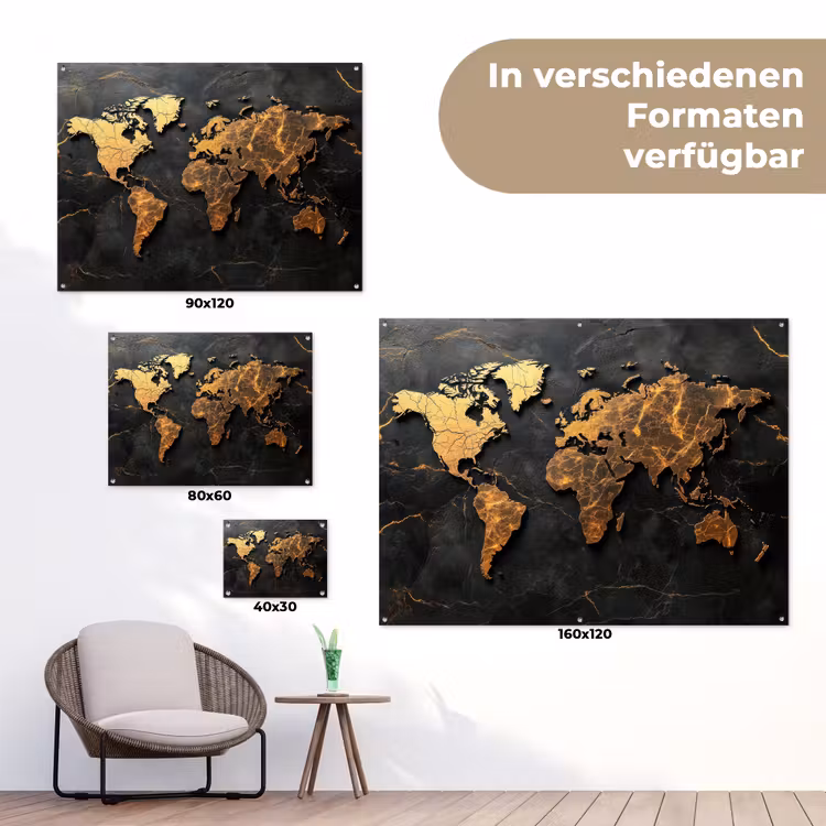 Wereldkaart - Gescheurde randen - Goudaders tuinposter los doek klein -Xsfeer9_DE