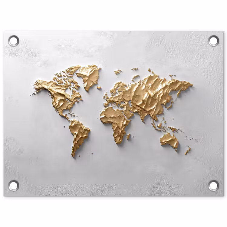 Wereldkaart - Egaal wit - Grof goud tuinposter los doek klein -3d