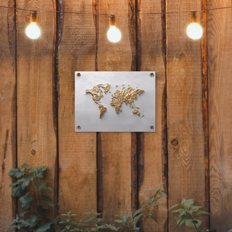 Wereldkaart - Egaal wit - Grof goud tuinposter los doek klein -sfeer1