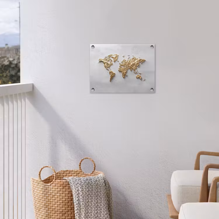 Wereldkaart - Egaal wit - Grof goud tuinposter los doek klein -sfeer8