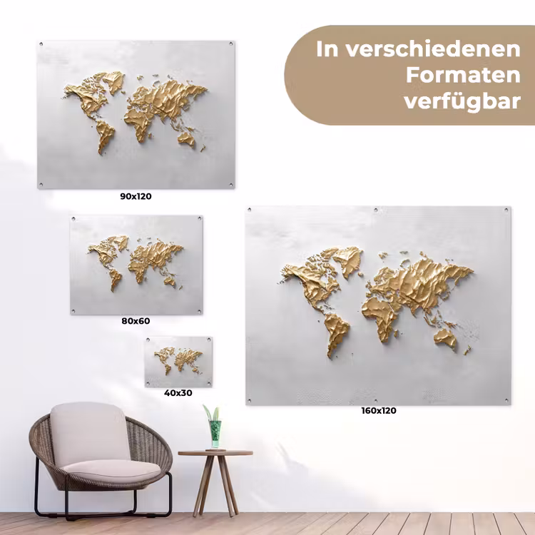 Wereldkaart - Egaal wit - Grof goud tuinposter los doek klein -Xsfeer9_DE