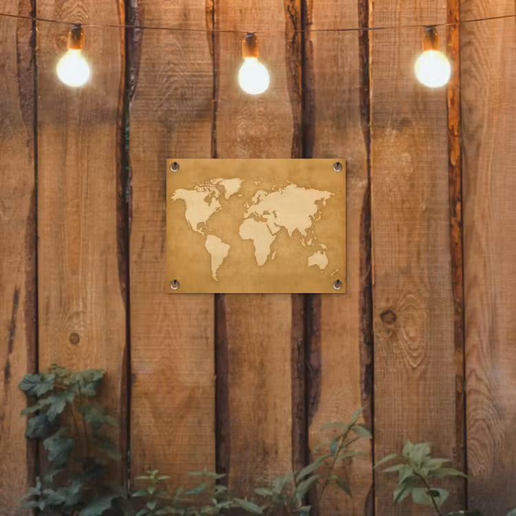 Wereldkaart - Egale structuur - Warme parchmentint tuinposter los doek klein -sfeer1
