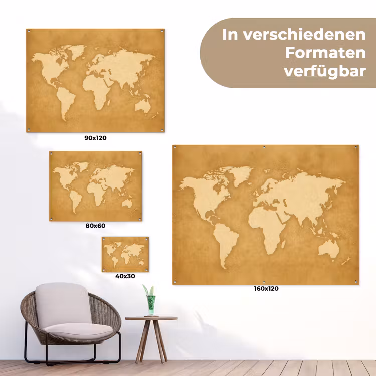 Wereldkaart - Egale structuur - Warme parchmentint tuinposter los doek klein -Xsfeer9_DE