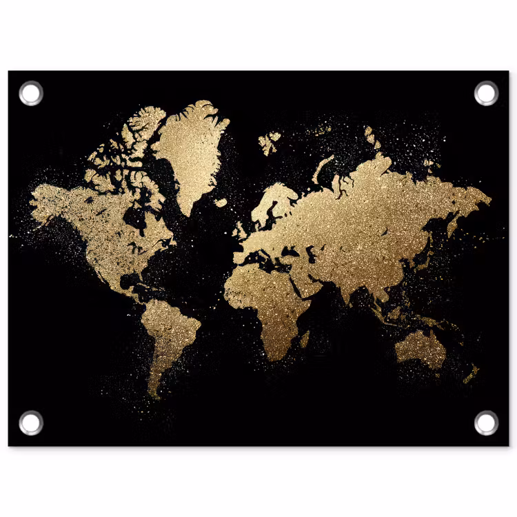 Wereldkaart - Glitter - Zwart tuinposter los doek klein -3d