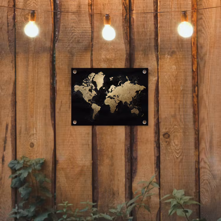 Wereldkaart - Glitter - Zwart tuinposter los doek klein -sfeer1