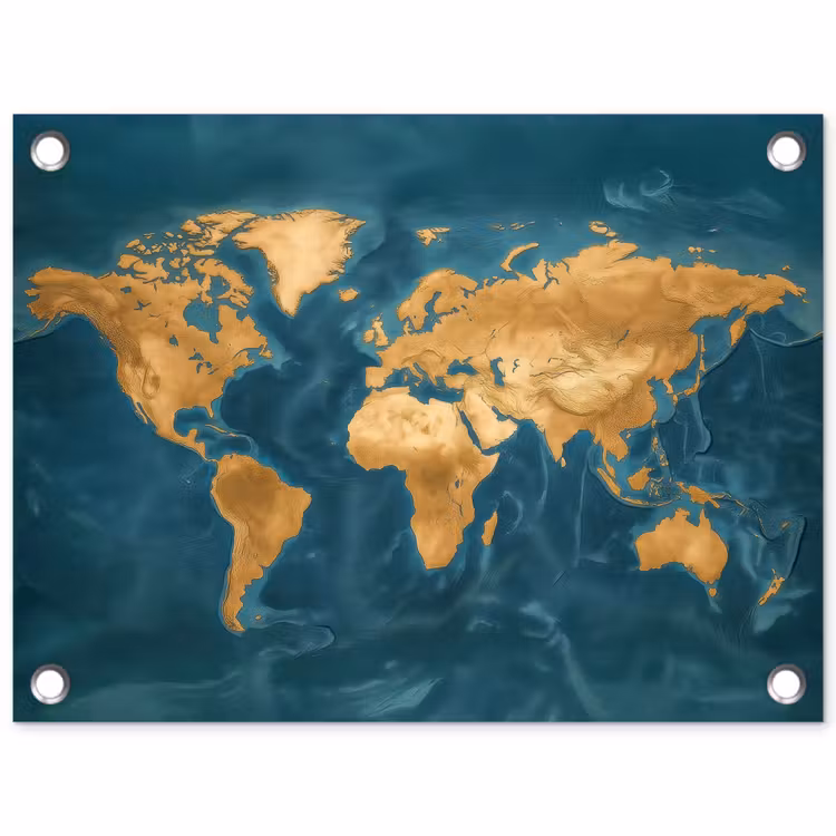 Wereldkaart - Goud - Oceaanblauw tuinposter los doek klein -3d