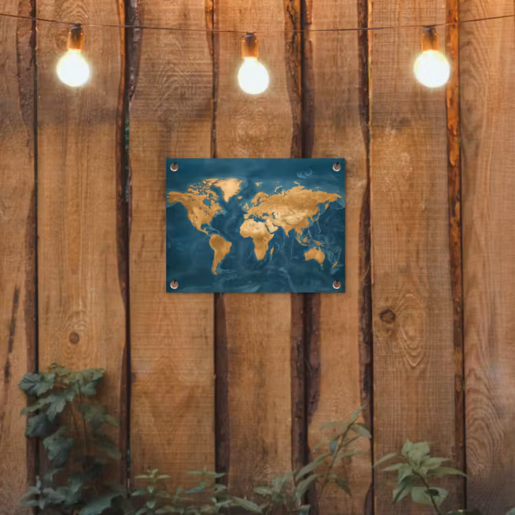 Wereldkaart - Goud - Oceaanblauw tuinposter los doek klein -sfeer1