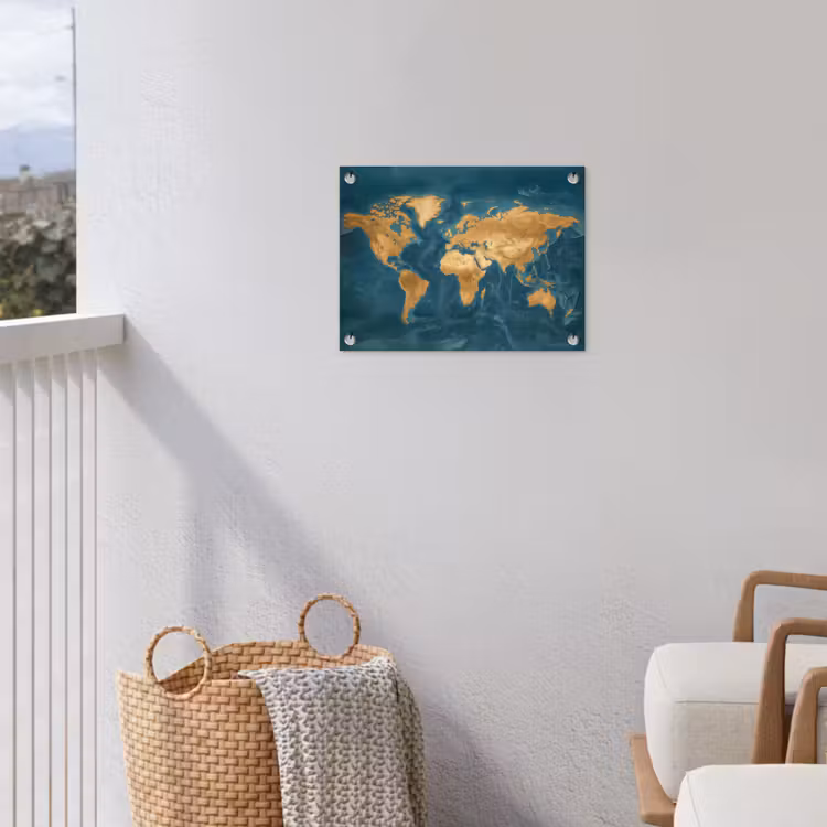 Wereldkaart - Goud - Oceaanblauw tuinposter los doek klein -sfeer8