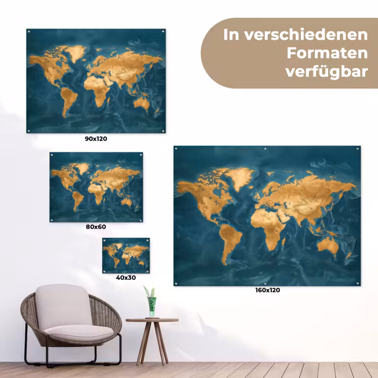Wereldkaart - Goud - Oceaanblauw tuinposter los doek klein -Xsfeer9_DE