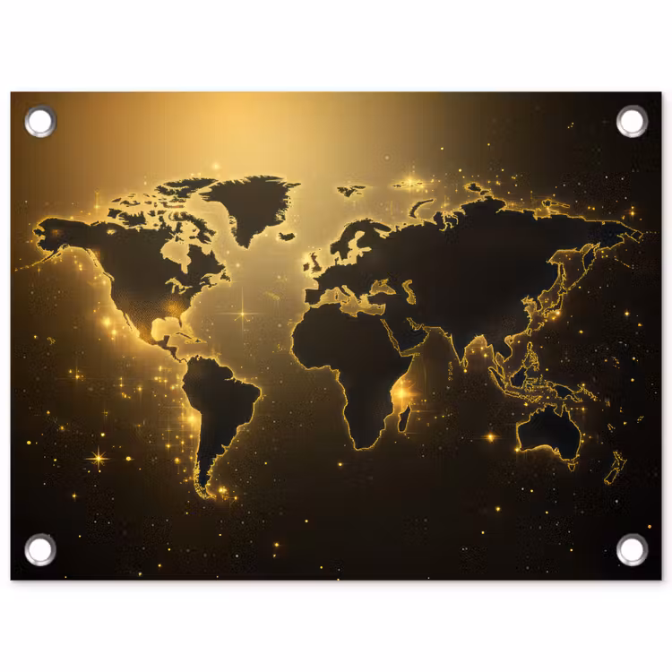 Wereldkaart - Gouden lichten tuinposter los doek klein -3d