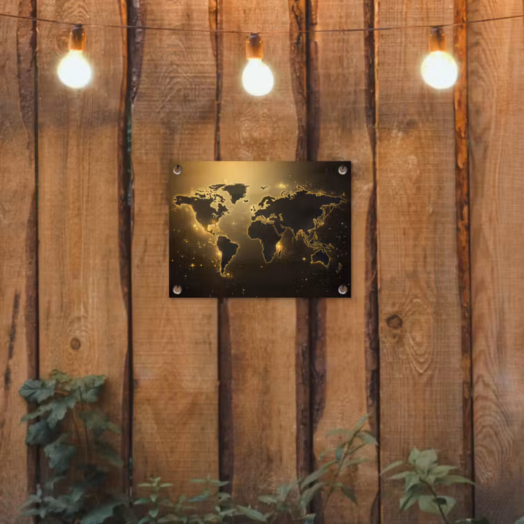 Wereldkaart - Gouden lichten tuinposter los doek klein -sfeer1