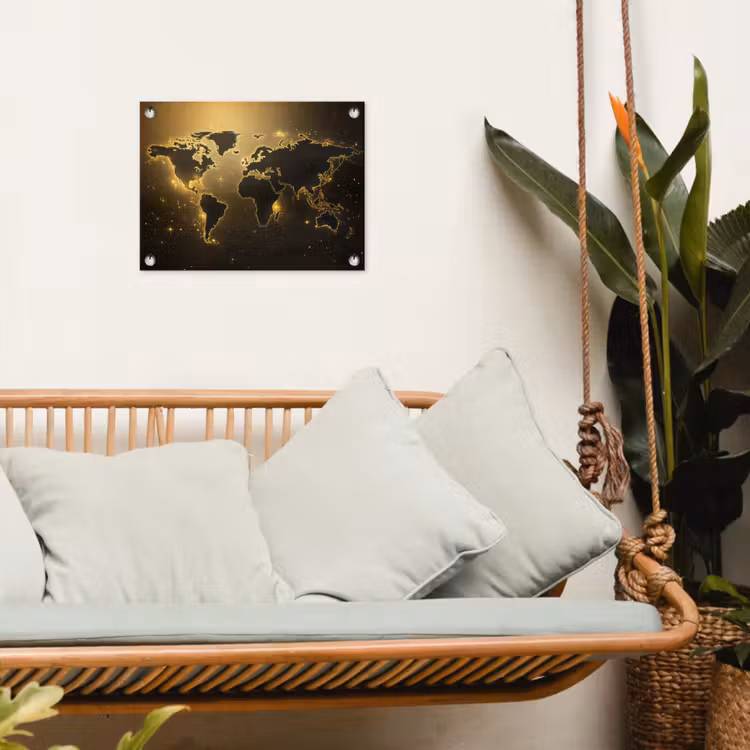 Wereldkaart - Gouden lichten tuinposter los doek klein -sfeer7