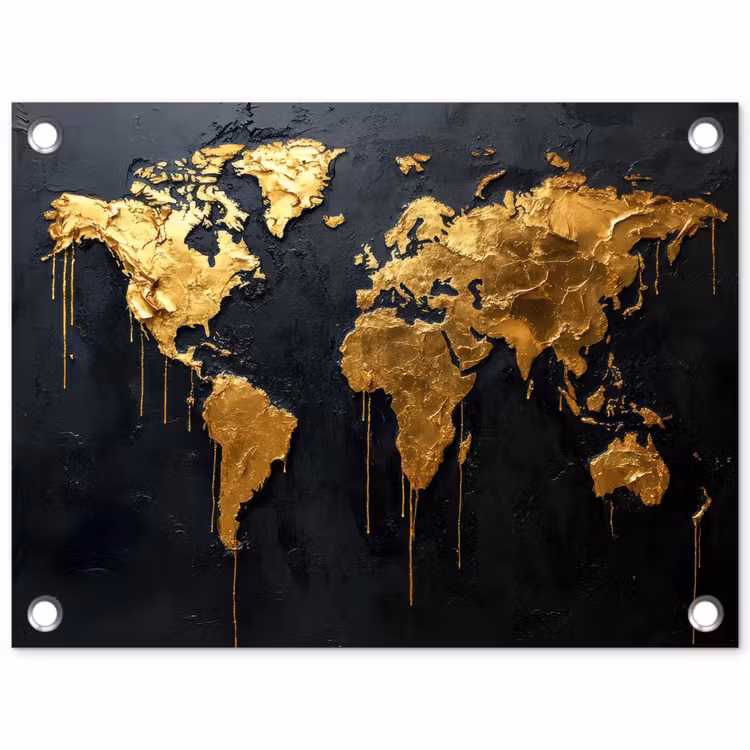 Wereldkaart - Gouden verf - Druppels - Zwart tuinposter los doek klein -3d
