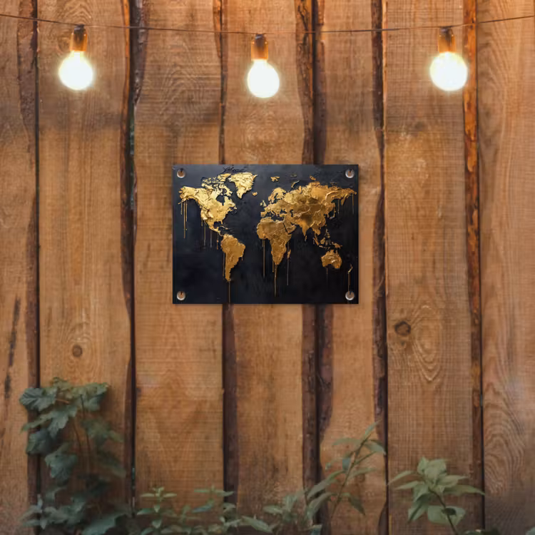 Wereldkaart - Gouden verf - Druppels - Zwart tuinposter los doek klein -sfeer1