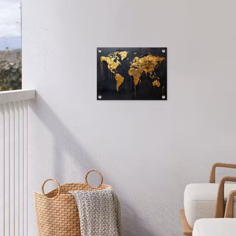 Wereldkaart - Gouden verf - Druppels - Zwart tuinposter los doek klein -sfeer8