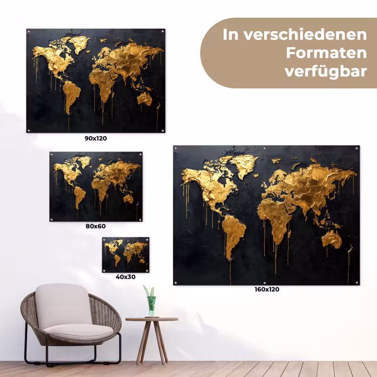 Wereldkaart - Gouden verf - Druppels - Zwart tuinposter los doek klein -Xsfeer9_DE