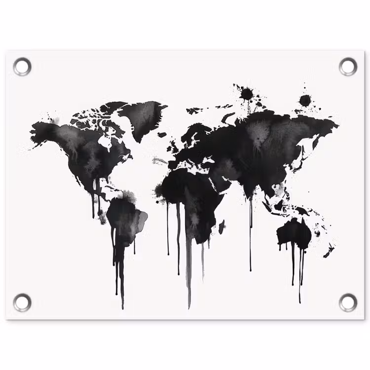 Wereldkaart - Graffiti - Zwart tuinposter los doek klein -3d