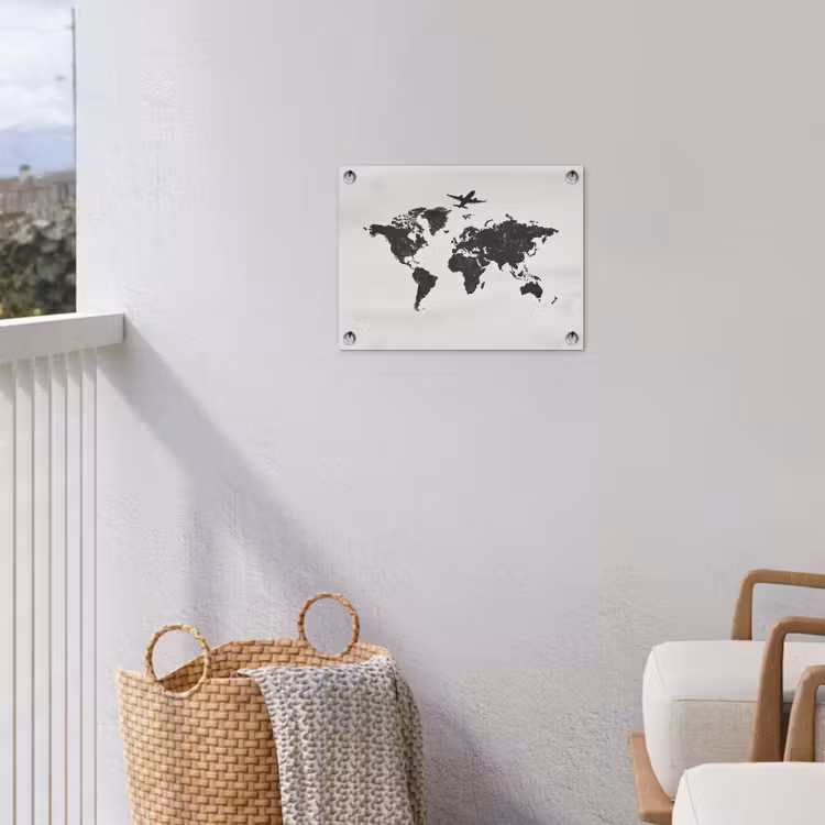 Wereldkaart - Grijs - Zwart - Vliegtuig tuinposter los doek klein -sfeer8