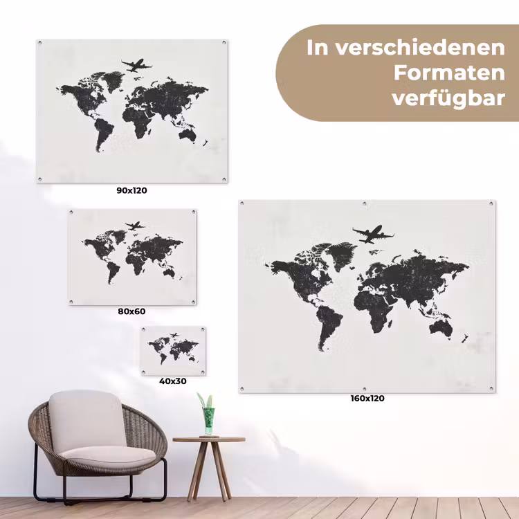 Wereldkaart - Grijs - Zwart - Vliegtuig tuinposter los doek klein -Xsfeer9_DE