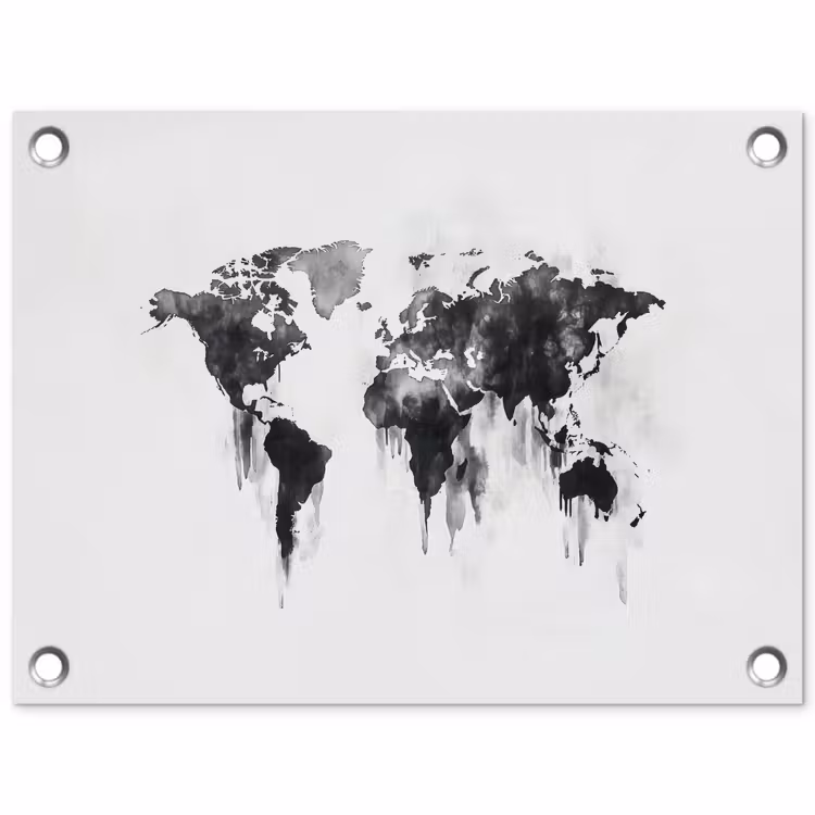 Wereldkaart - Grijs - Zwart - Inkt tuinposter los doek klein -3d