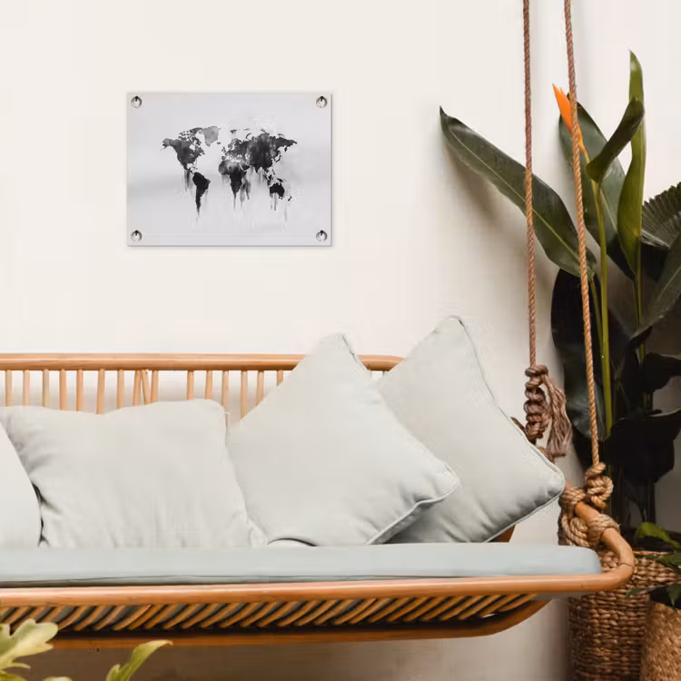 Wereldkaart - Grijs - Zwart - Inkt tuinposter los doek klein -sfeer7