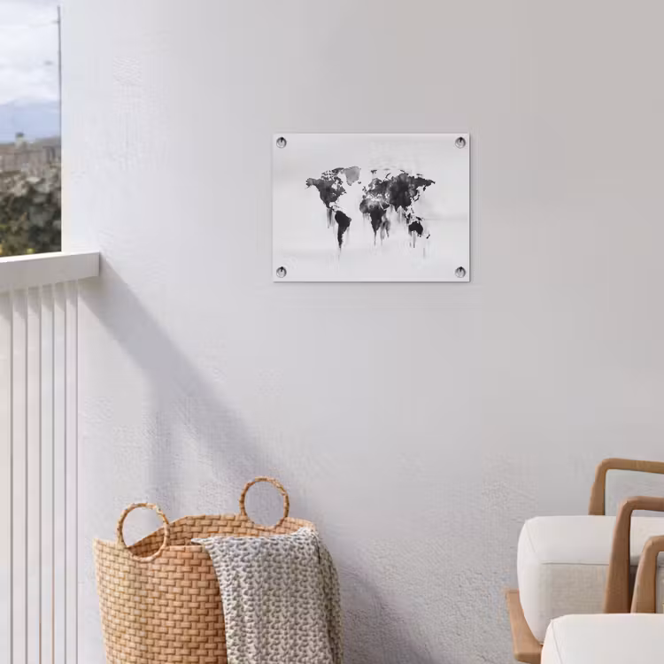 Wereldkaart - Grijs - Zwart - Inkt tuinposter los doek klein -sfeer8