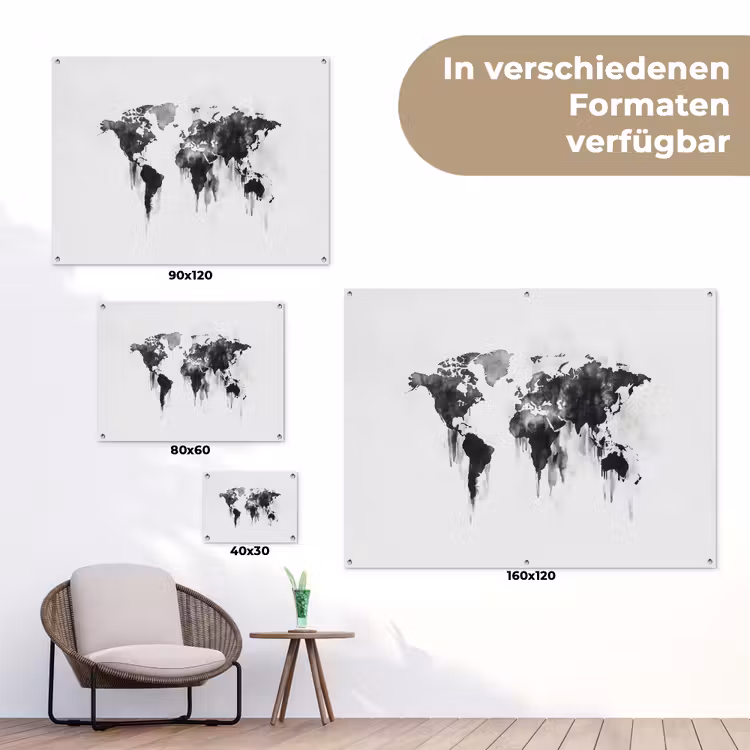 Wereldkaart - Grijs - Zwart - Inkt tuinposter los doek klein -Xsfeer9_DE