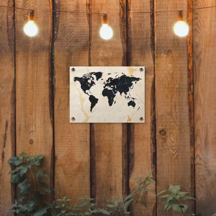 Wereldkaart - Licht marmer - Zwart tuinposter los doek klein -sfeer1