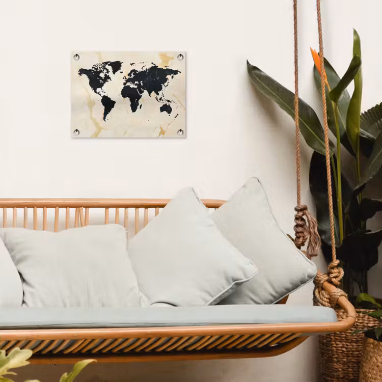 Wereldkaart - Licht marmer - Zwart tuinposter los doek klein -sfeer7