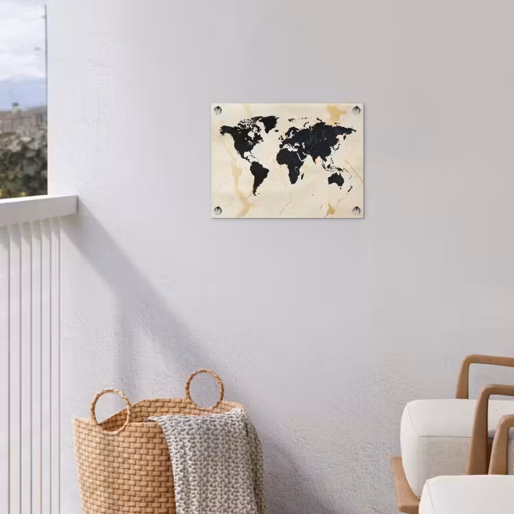 Wereldkaart - Licht marmer - Zwart tuinposter los doek klein -sfeer8